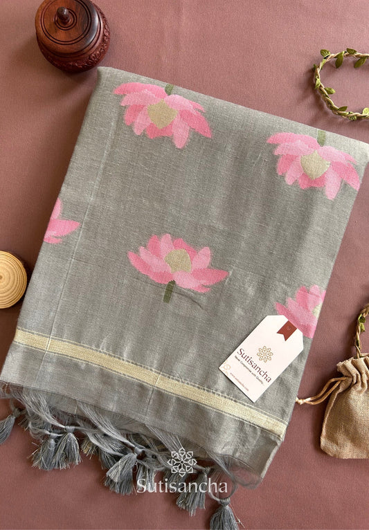Dhiyona SS Grey Pure Cotton Saree with Pink Lotus Motifs & Zari Border