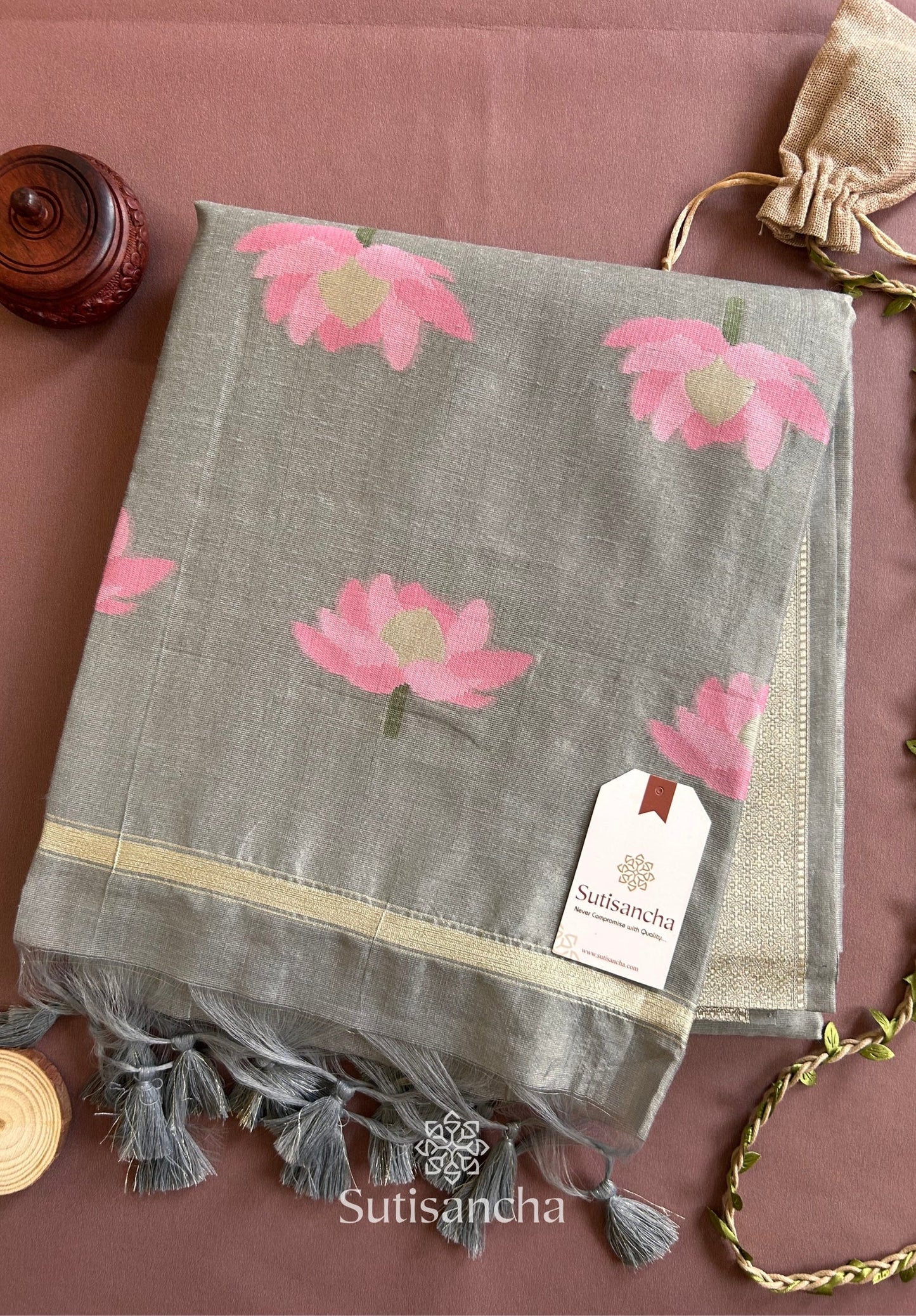 Dhiyona SS Grey Pure Cotton Saree with Pink Lotus Motifs & Zari Border