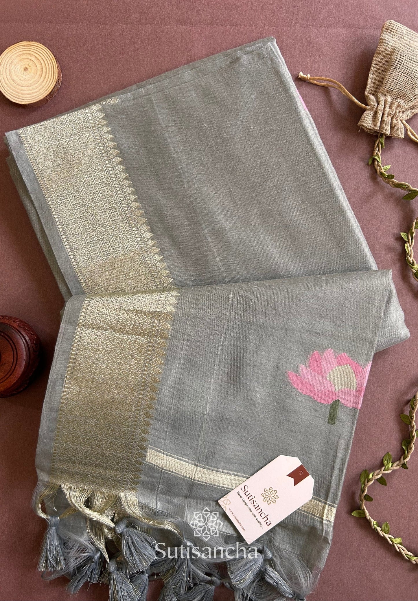 Dhiyona SS Grey Pure Cotton Saree with Pink Lotus Motifs & Zari Border