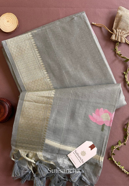 Dhiyona SS Grey Pure Cotton Saree with Pink Lotus Motifs & Zari Border
