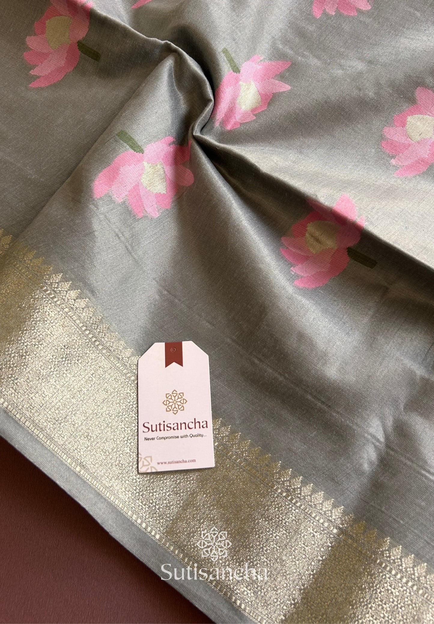 Dhiyona SS Grey Pure Cotton Saree with Pink Lotus Motifs & Zari Border