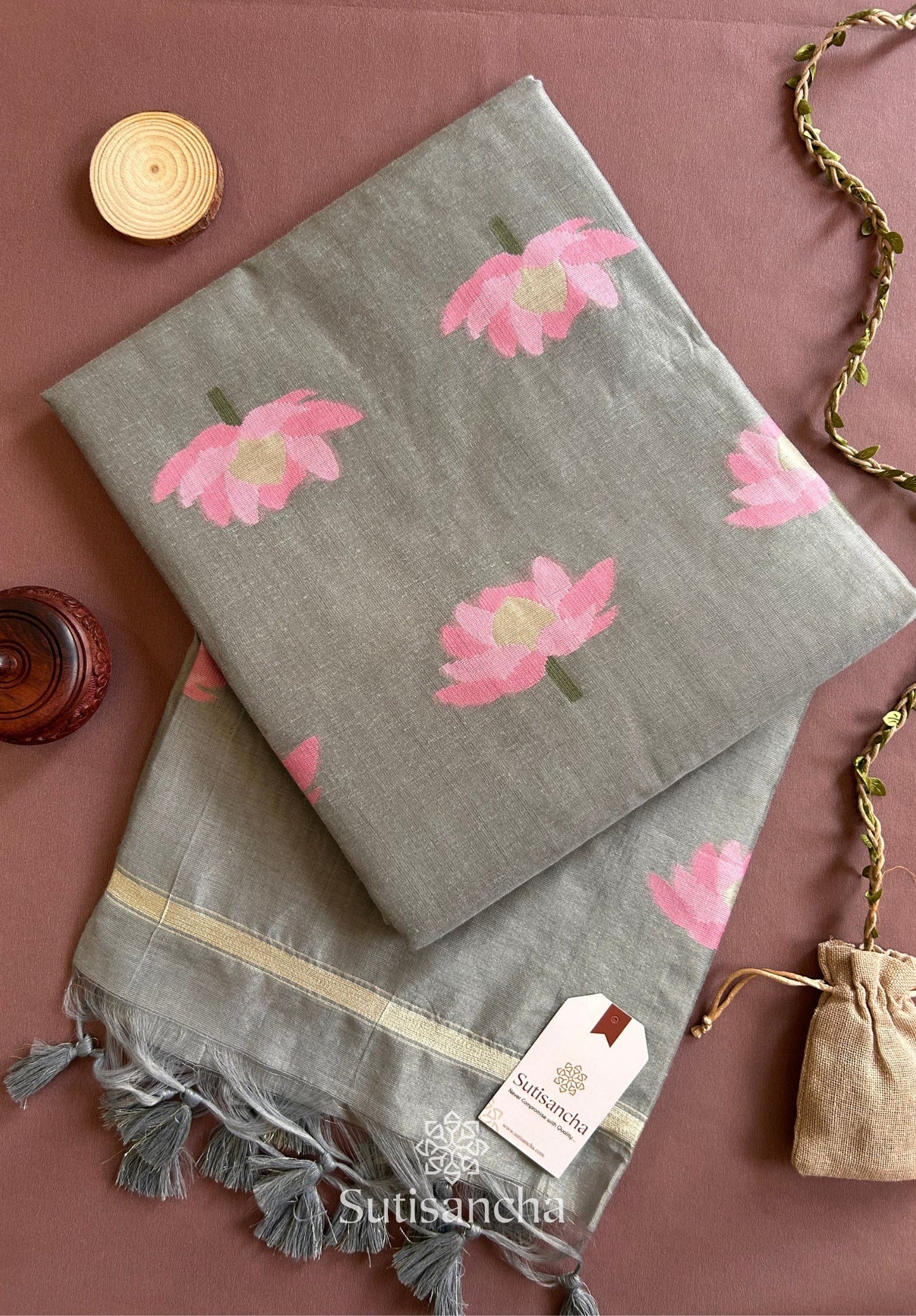 Dhiyona SS Grey Pure Cotton Saree with Pink Lotus Motifs & Zari Border