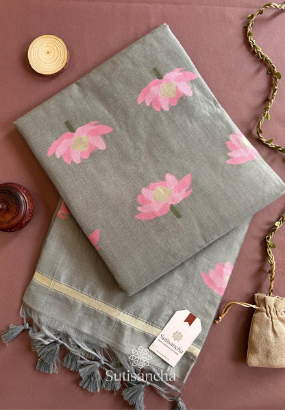 Dhiyona SS Grey Pure Cotton Saree with Pink Lotus Motifs & Zari Border
