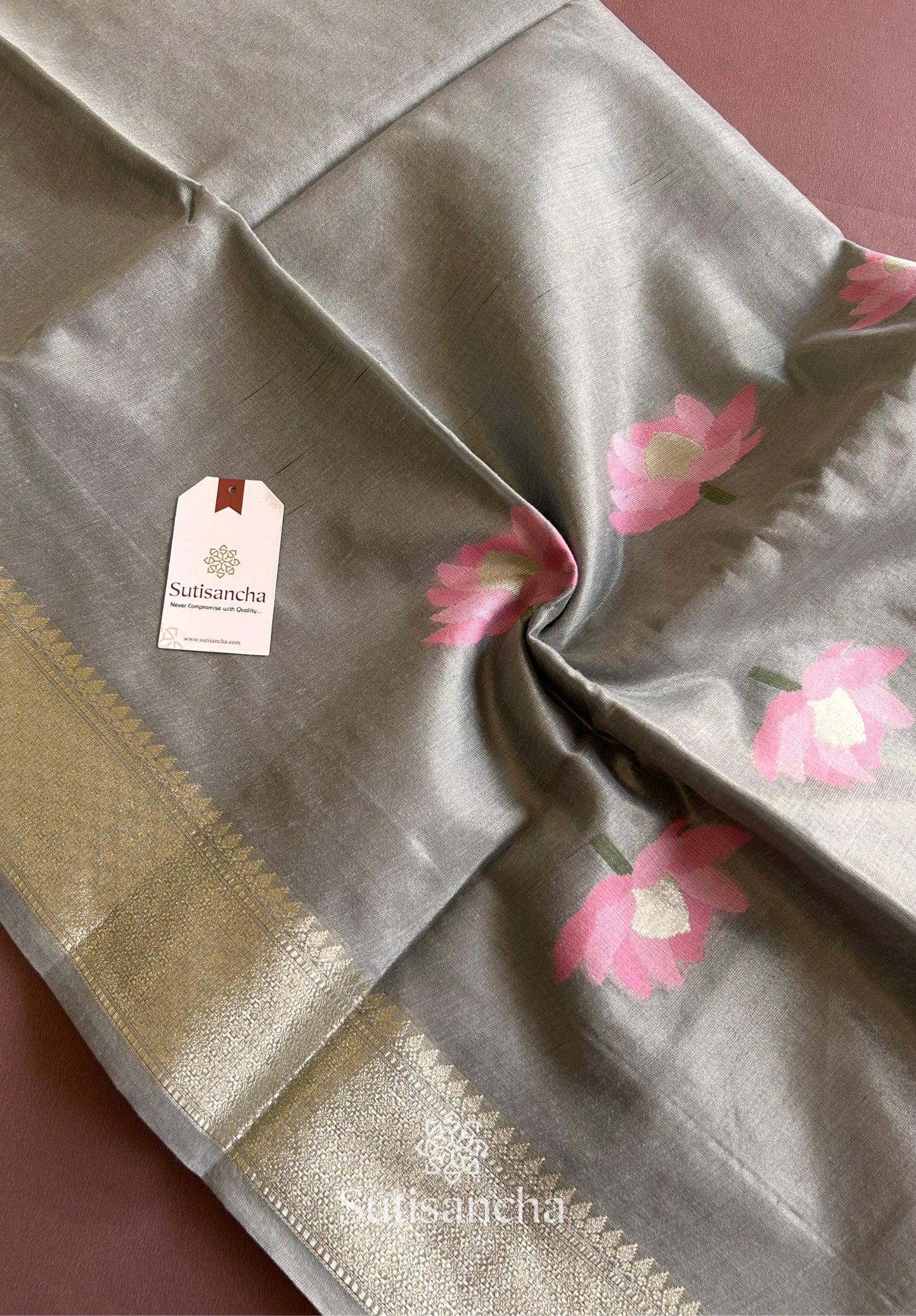 Dhiyona SS Grey Pure Cotton Saree with Pink Lotus Motifs & Zari Border