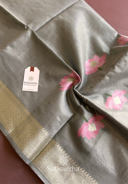 Dhiyona SS Grey Pure Cotton Saree with Pink Lotus Motifs & Zari Border