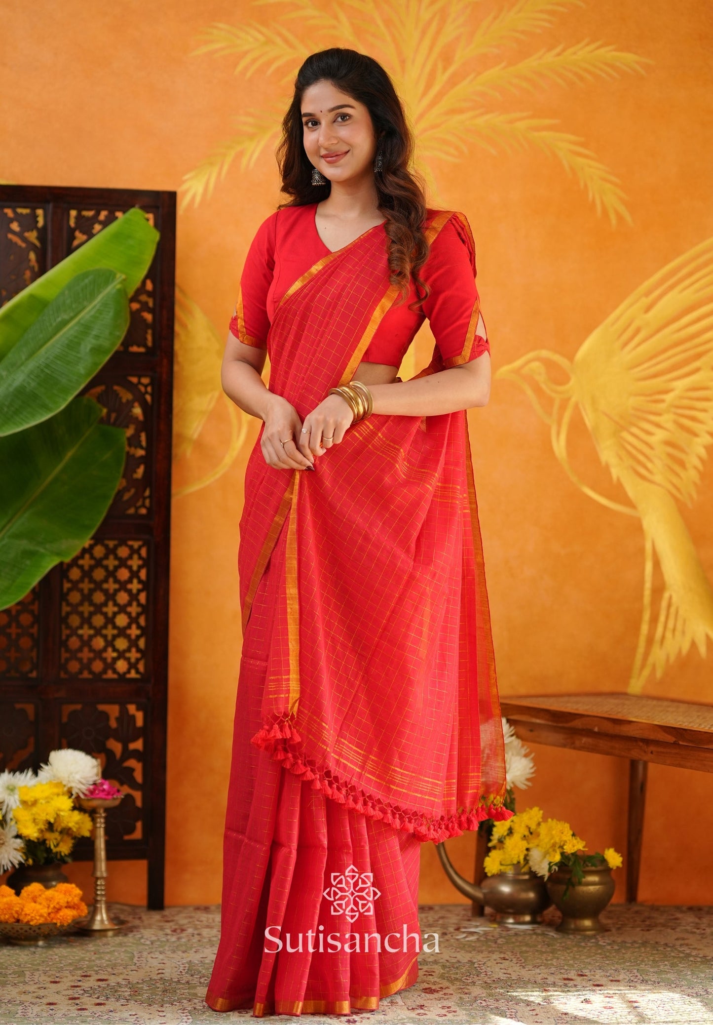 Dhiyona SS Golden Grid Classic Mul Cotton Saree