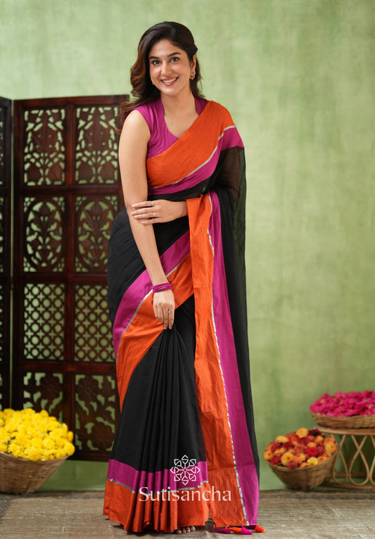 Dhiyona SS Fiery Flair Black & Orange Mul Cotton Saree with Tassel Edges