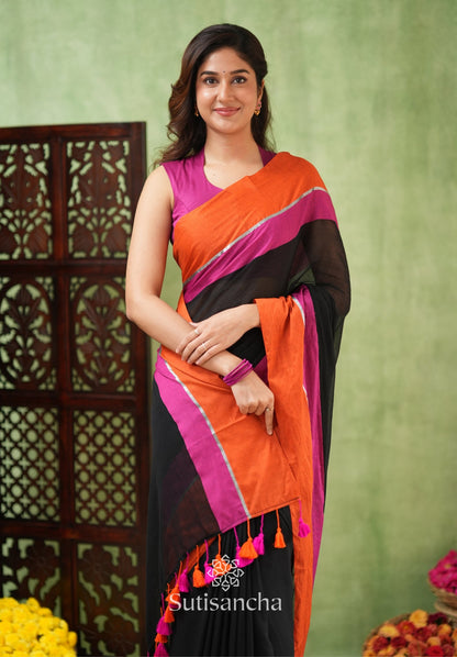Dhiyona SS Fiery Flair Black & Orange Mul Cotton Saree with Tassel Edges