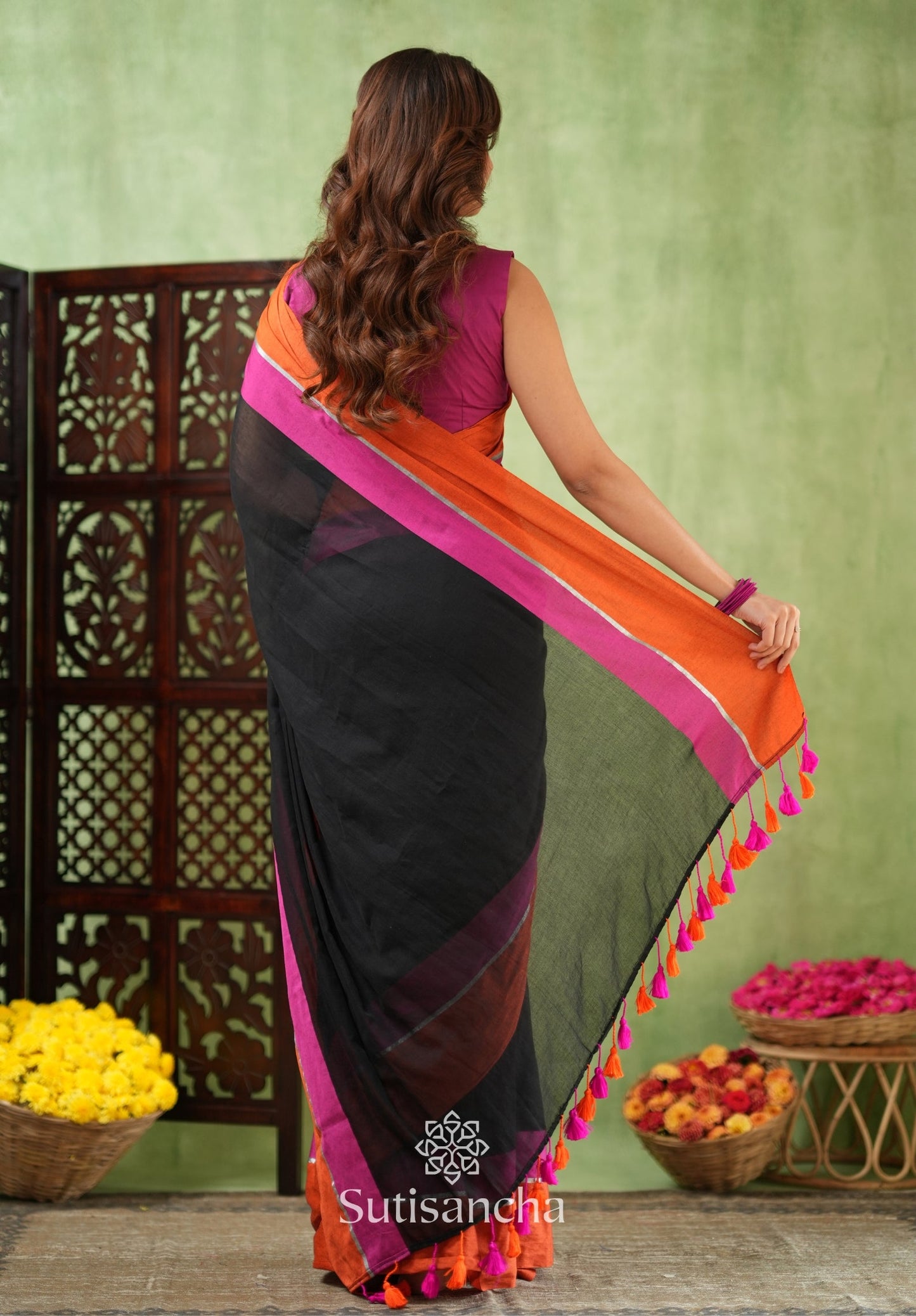 Dhiyona SS Fiery Flair Black & Orange Mul Cotton Saree with Tassel Edges