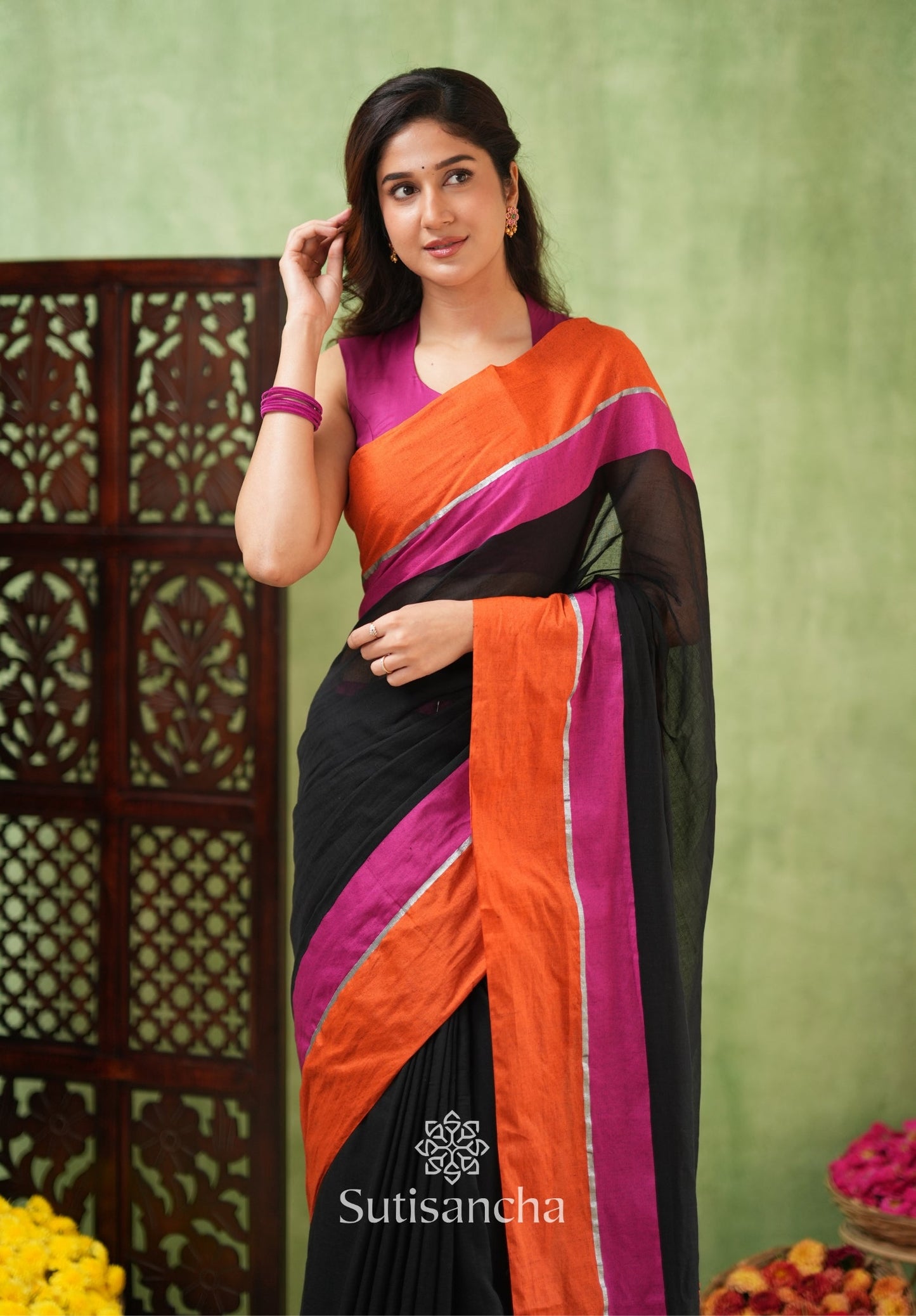Dhiyona SS Fiery Flair Black & Orange Mul Cotton Saree with Tassel Edges