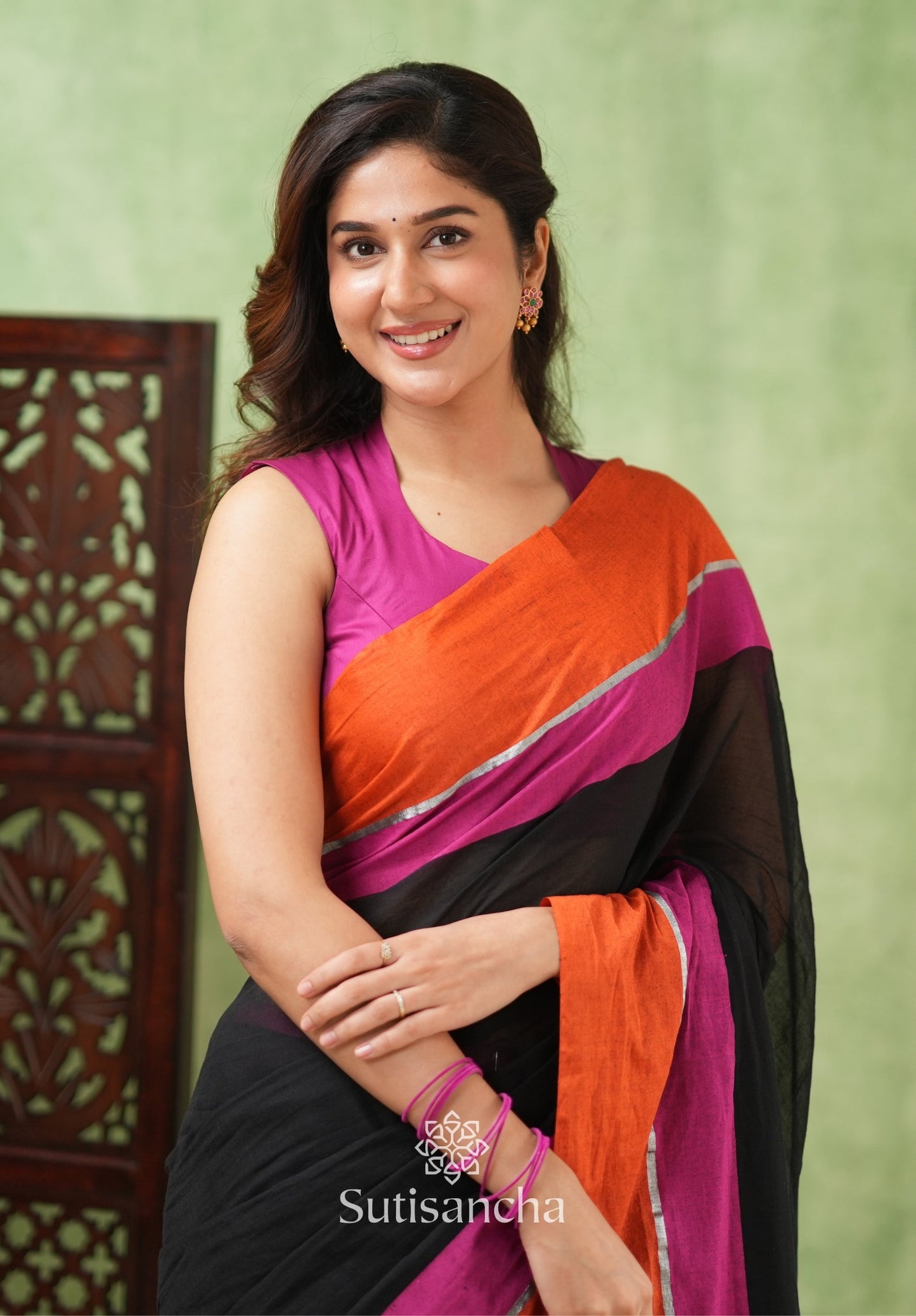Dhiyona SS Fiery Flair Black & Orange Mul Cotton Saree with Tassel Edges