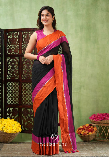 Dhiyona SS Fiery Flair Black & Orange Mul Cotton Saree with Tassel Edges