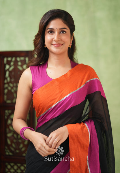 Dhiyona SS Fiery Flair Black & Orange Mul Cotton Saree with Tassel Edges
