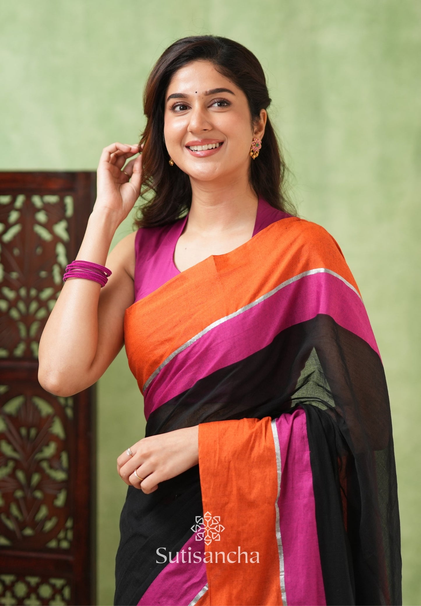 Dhiyona SS Fiery Flair Black & Orange Mul Cotton Saree with Tassel Edges