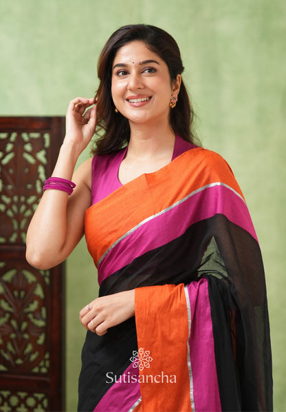 Dhiyona SS Fiery Flair Black & Orange Mul Cotton Saree with Tassel Edges