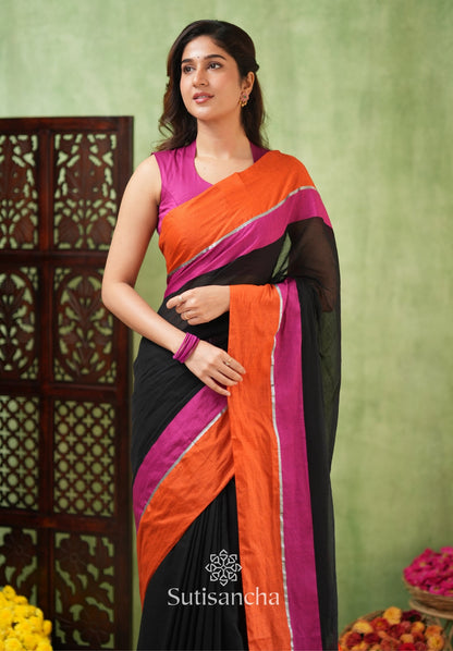 Dhiyona SS Fiery Flair Black & Orange Mul Cotton Saree with Tassel Edges