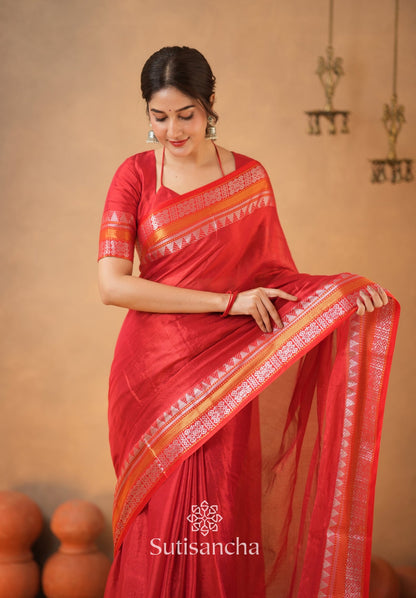 Dhiyona SS Artisan’s Touch: Red Handloom Tissue Cotton Saree