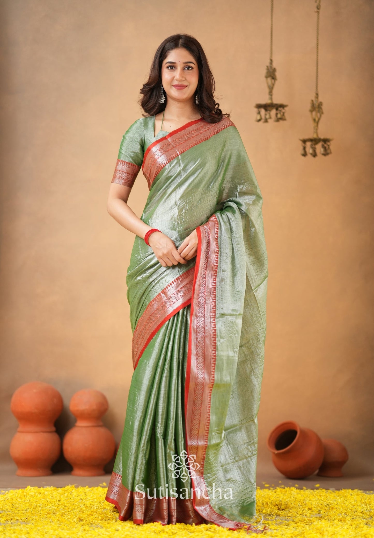 Dhiyona SS Traditional Tissue Saree with Rich Red Border