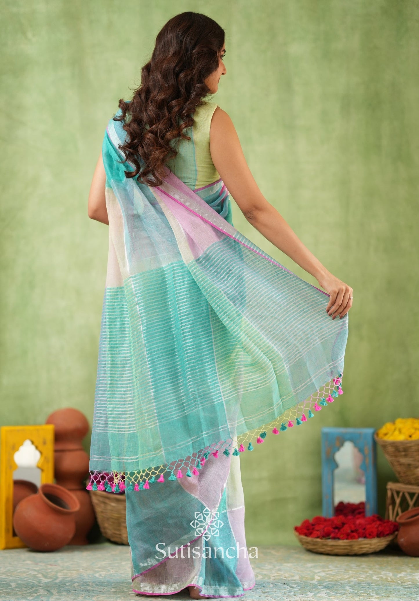Dhiyona SS Color Block Linen Cotton Saree – Modern Classic