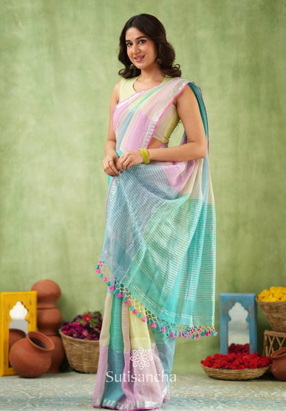 Dhiyona SS Color Block Linen Cotton Saree – Modern Classic