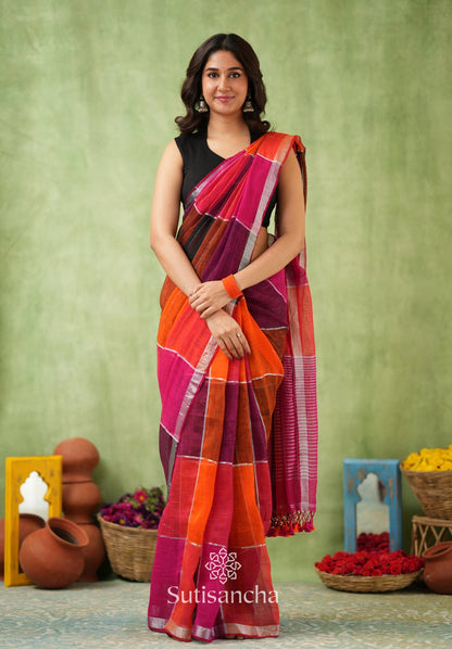 Dhiyona SS Color Block Linen Cotton Saree – Modern Classic