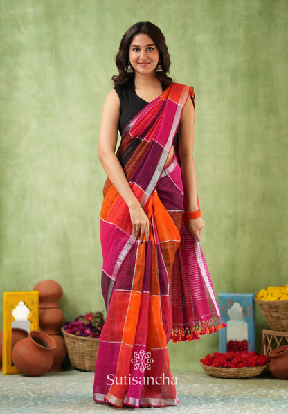 Dhiyona SS Color Block Linen Cotton Saree – Modern Classic