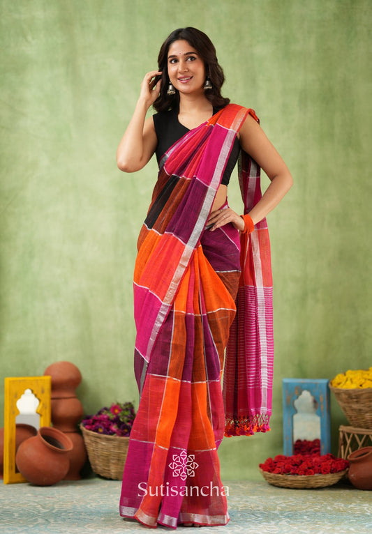 Dhiyona SS Color Block Linen Cotton Saree – Modern Classic