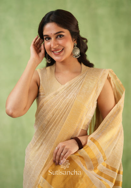 Dhiyona SS Opulent Golden Border Saree with Tassel Detailing – Cotton Linen Weave