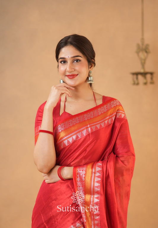 Dhiyona SS Artisan’s Touch: Red Handloom Tissue Cotton Saree