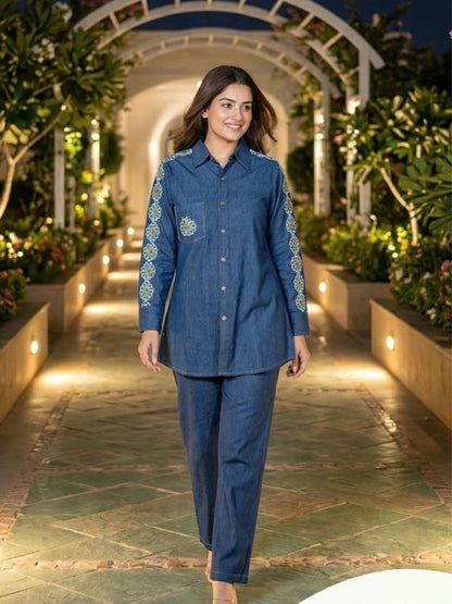 Poppi celest embroidery denim co-ord set