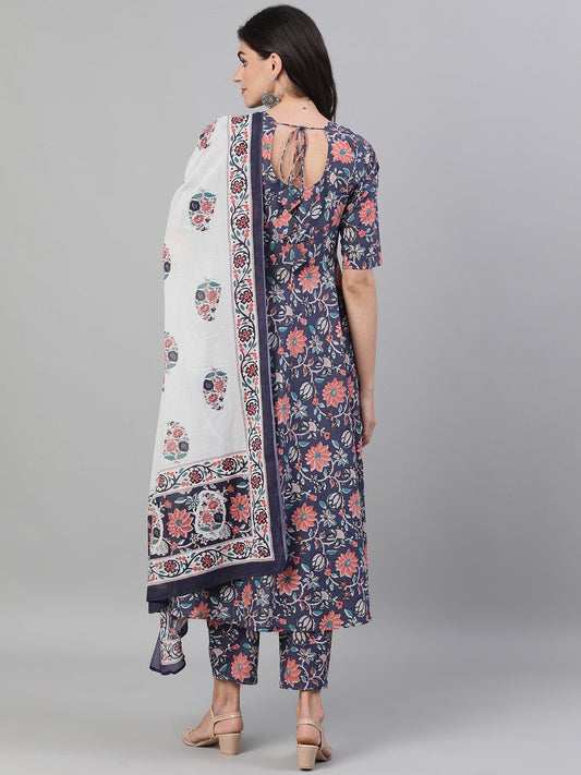 Women Viscose Floral Printed Blue Kurta And Pant Set With Dupatta