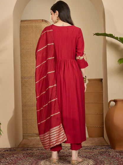 Floral Embroidered Empire A Line Kurta With Trousers & Dupatta