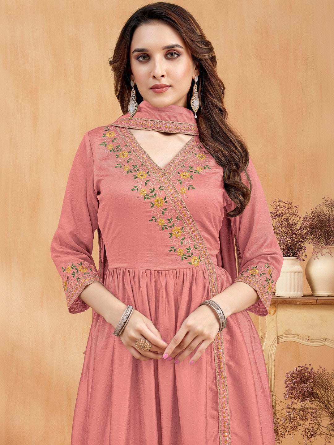 Embroidered V-Neck Kurta Trousers & Dupatta