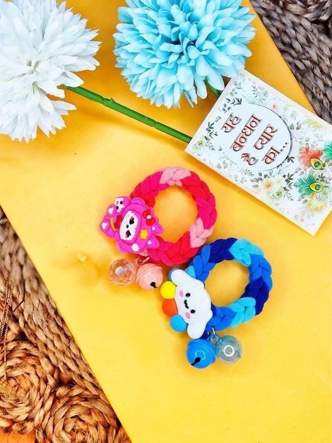 Dhiyona Set Of 2 Blue & Pink Kids Rakhi With Roli Chawal Chandan Mishri