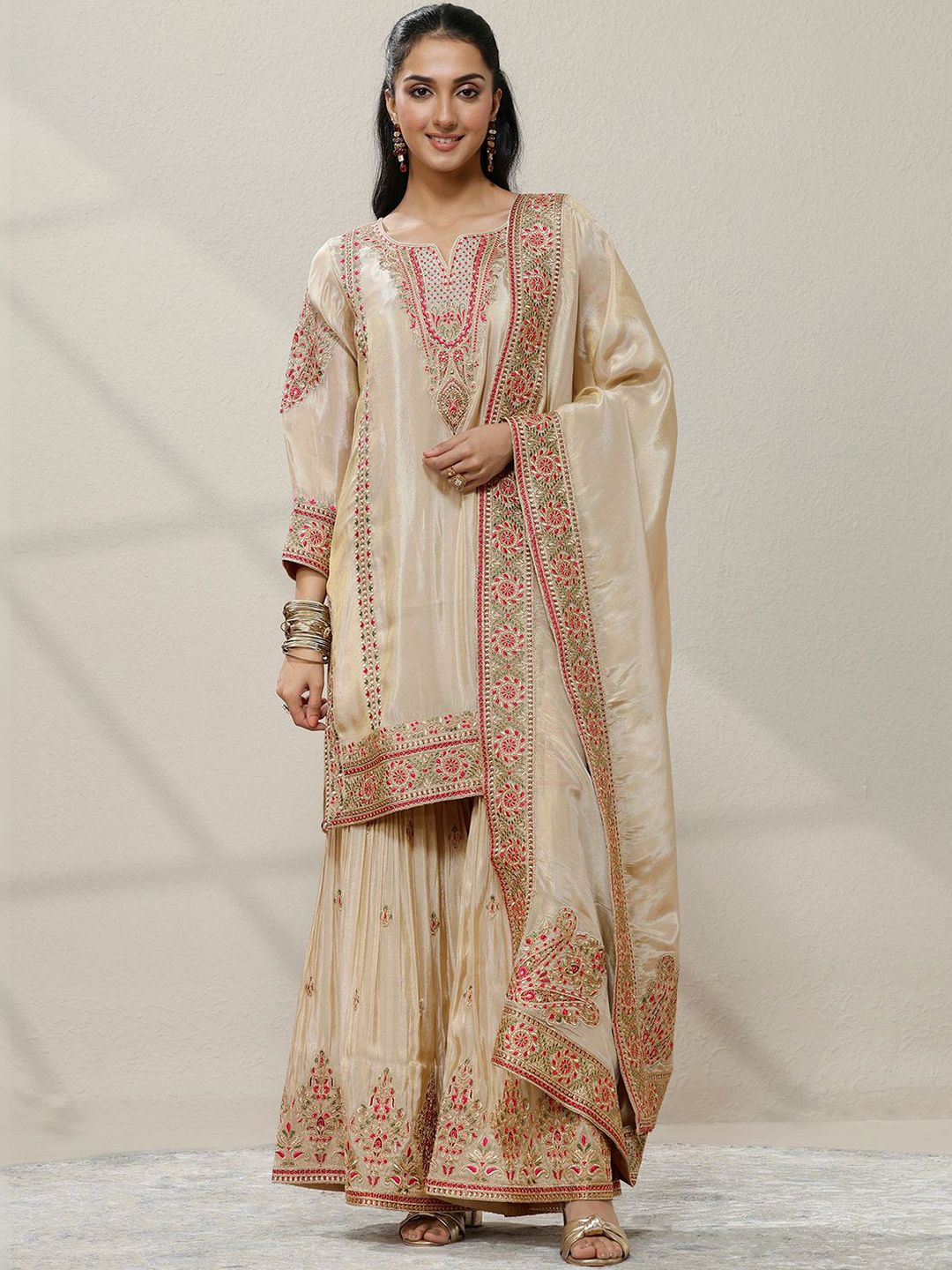 Dhiyona LL Women Ethnic Motifs Embroidered Regular Thread Work Kurta with Sharara & With Dupatta