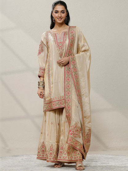 Dhiyona LL Women Ethnic Motifs Embroidered Regular Thread Work Kurta with Sharara & With Dupatta