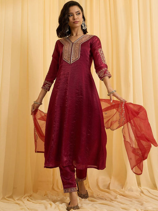 Dhiyona CH Women Ethnic Motifs Embroidered Regular Kurta with Trousers & With Dupatta