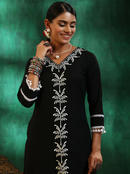 Women's LB Black Embroidered Cotton Straight Suit With Dupatta