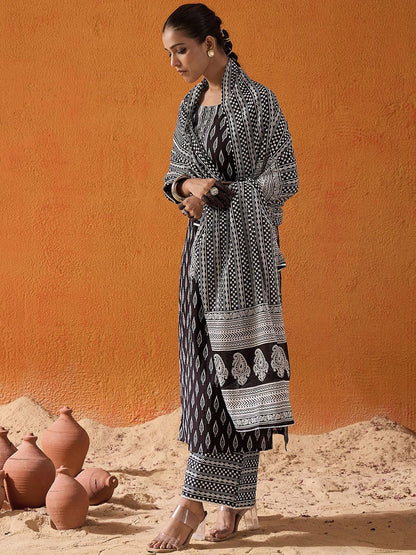 Dhiyona IE Geometric Printed Mirror Work Pure Cotton Straight Kurta With Palazzos & Dupatta