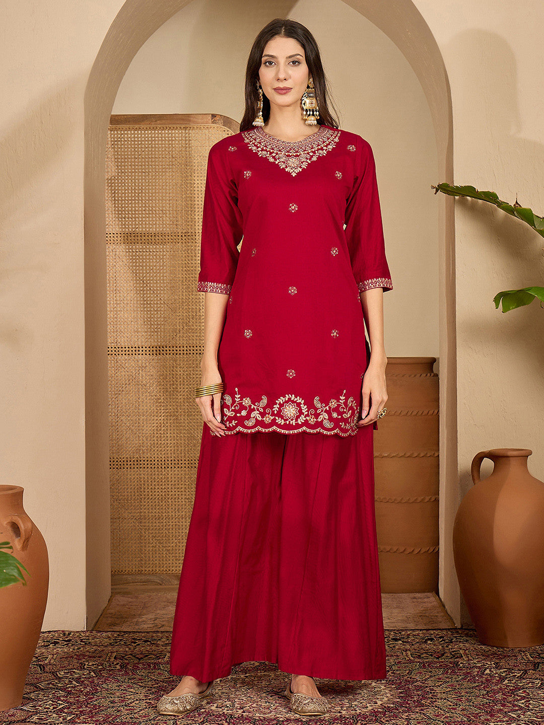 Embroidered Round Neck Kurta & Trousers With Dupatta