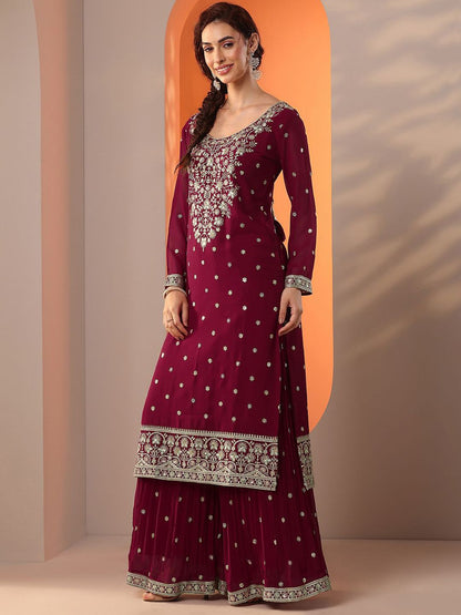 Dhiyona LL Floral Embroidered Scoop Neck Georgette Straight Kurta With Palazzos And Dupatta