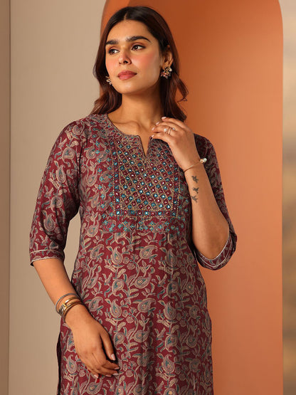 Paisley Printed Notch Neck Thread Work Straight Kurta With Trousers