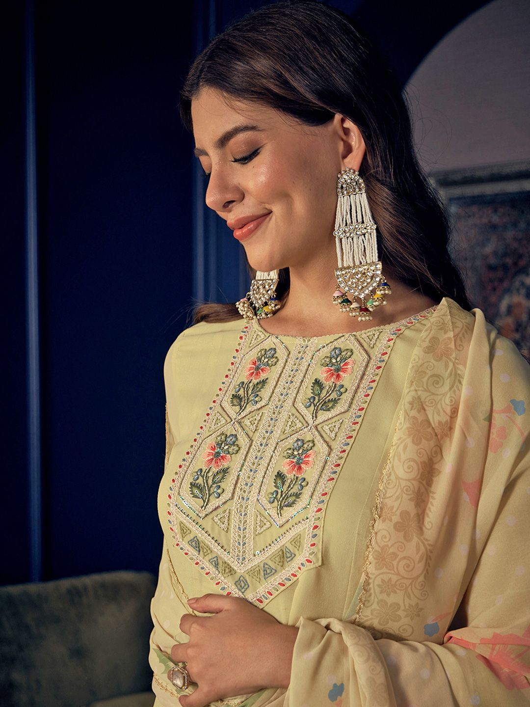 Dhiyona CH Women Floral Embroidered Pleated Sequinned A-Line Kurta with Trousers & Dupatta