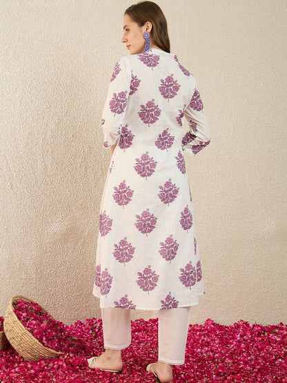 Dhiyona IE Printed V-Neck Three-Quarter Sleeves Pure Cotton Tunic And Trousers