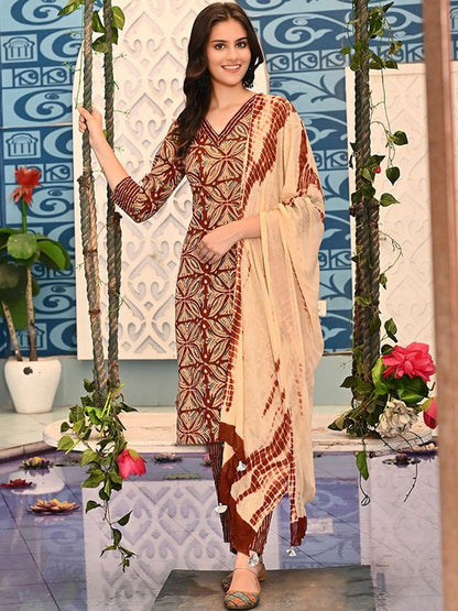 Ethnic Motifs Printed Thread Work Pure Cotton Kurta With Trousers & Dupatta