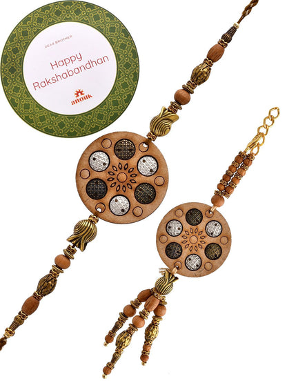 Dhiyona Set Of 2 Brown Beaded Rakhis With Roli Chawal & Greeting Card