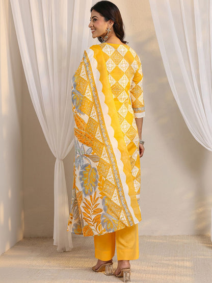 Libas Yellow Geometric Printed Straight Suit Set with Dupatta