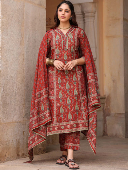 Dhiyona RR Women's Ethnic Motifs Printed Pleated Pure Cotton Kurta with Trousers & With Dupatta