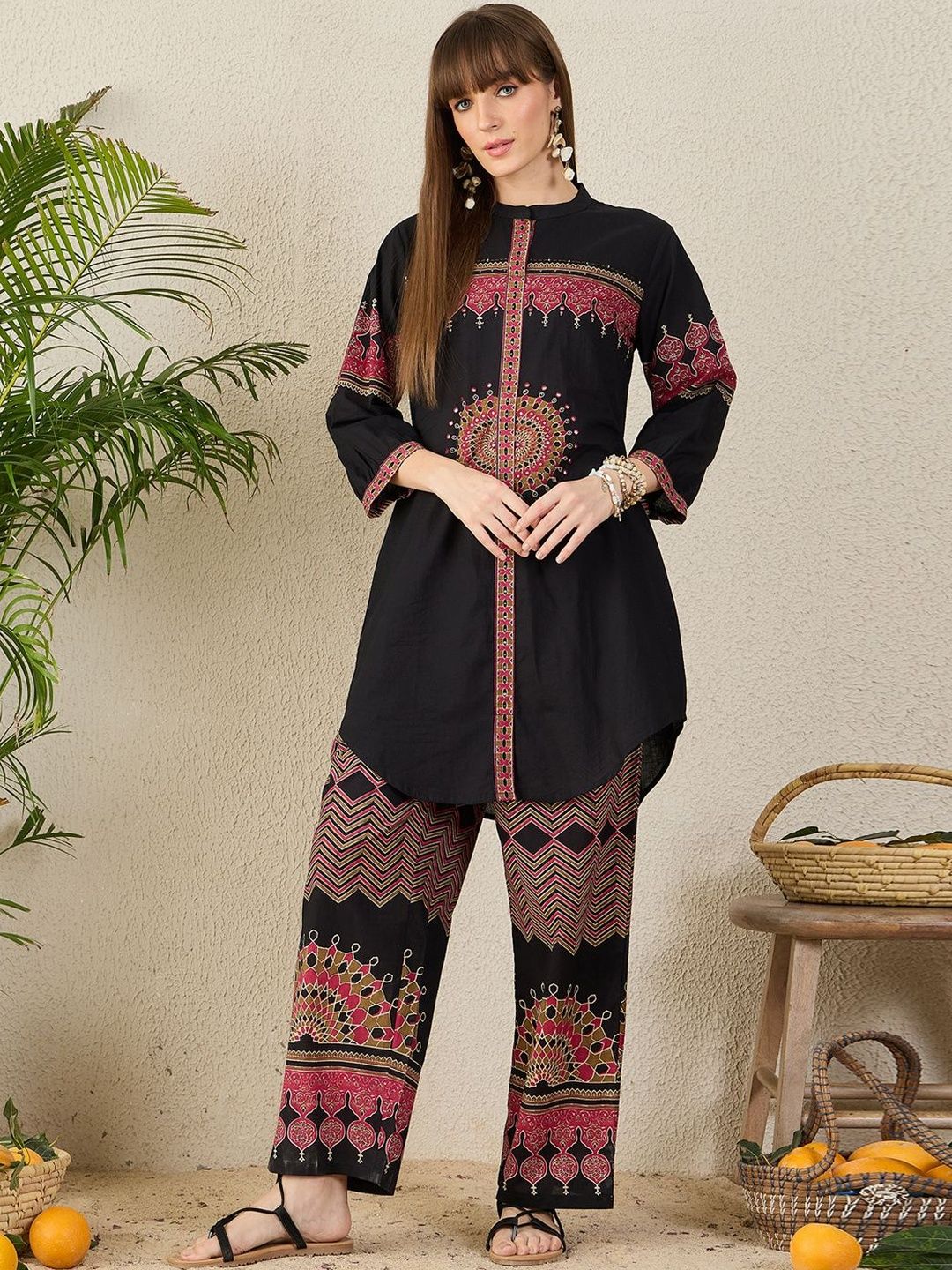 Dhiyona IE Women Ethnic Motifs Regular A-Line Pure Cotton Kurta with Palazzos Kurta Sets