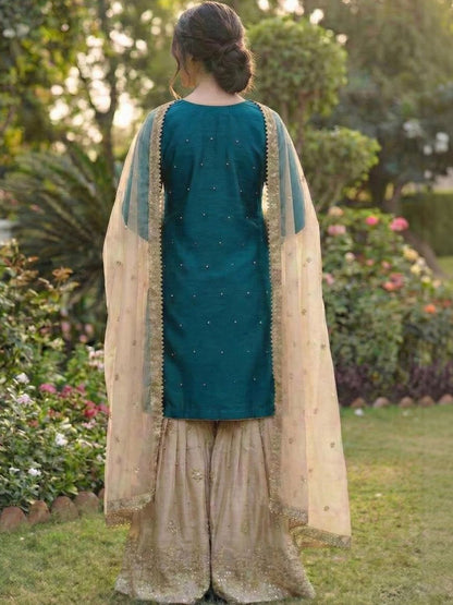 Dhiyona KL Women Ethnic Motifs Embroidered Regular Thread Work Kurta with Sharara & With Dupatta